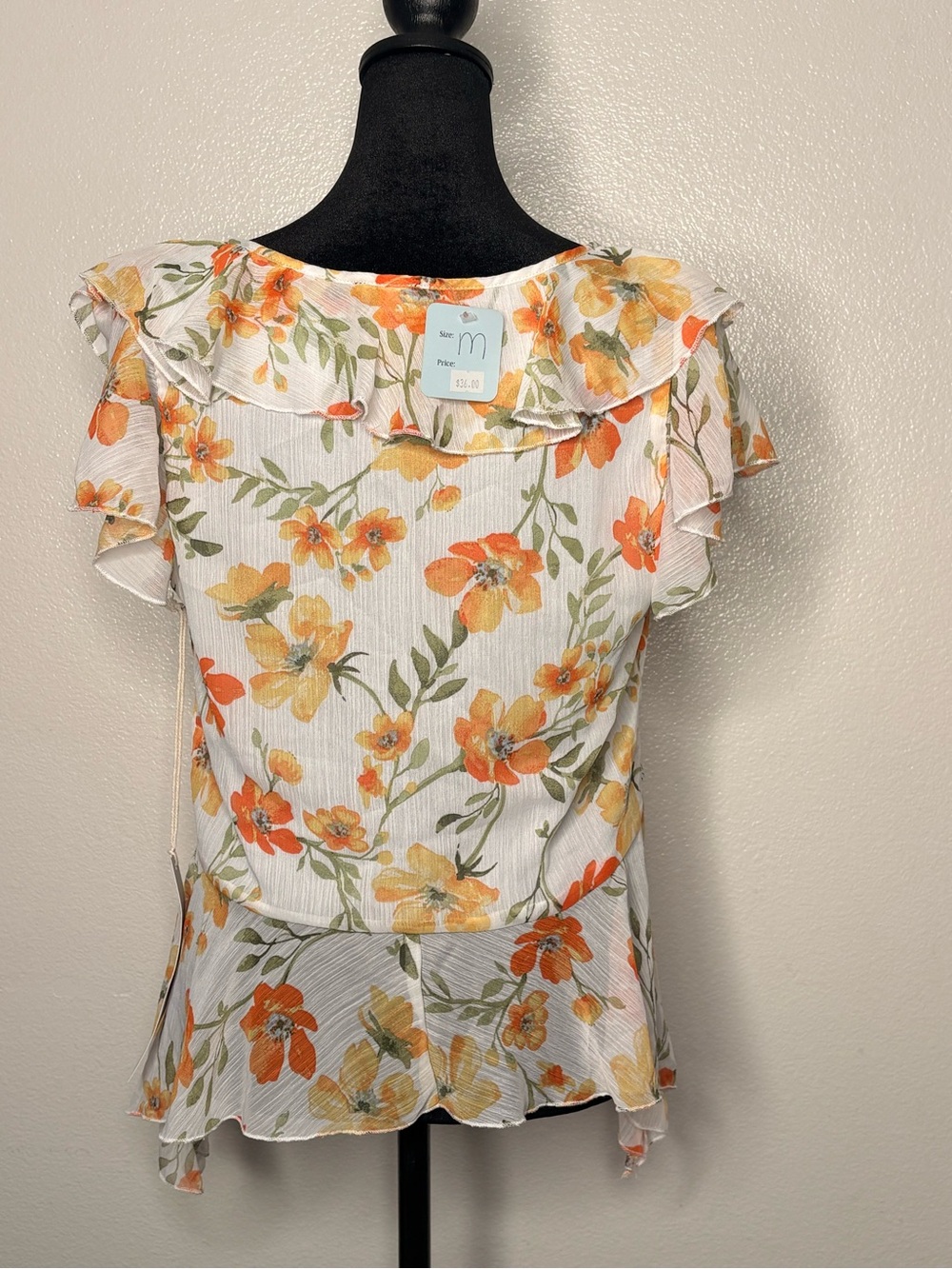 Floral Ruffle Short-Sleeve Blouse - White with Orange & Yellow Flowers